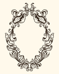 A black and white oval frame with a floral design