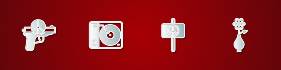 Set No war, Vinyl player, Peace and Flower vase icon. Vector