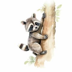 AI generated illustration of a black and white raccoon with its front paws balancing on a tree