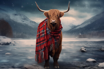 Winter image of a highland cow standing in a field in the snow, covered in a tartan blanket, with hills, mountains in the background, great for social media, greeting cards