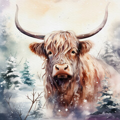 Winter Watercolour illustration of a highland cow standing in the snow, with snow covered trees in the background, great for social media, greeting cards