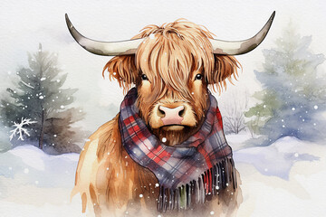 Winter Watercolour cute illustration of a highland cow standing in the snow, wearing a tartan scarf, with snow covered trees in the background, great for social media, greeting cards