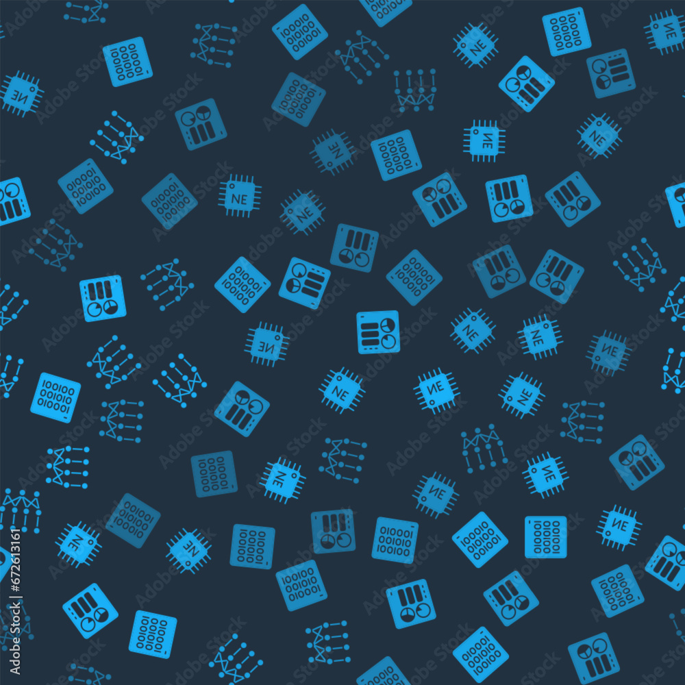 Poster set binary code, processor cpu, computer api interface and neural network on seamless pattern. vecto