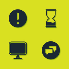Set Speech bubble and Exclamation, chat, Computer monitor and Old hourglass icon. Vector