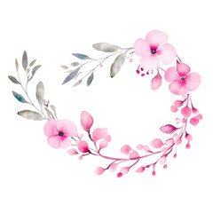 Watercolor illustration of a pink Christmas wreath isolated on white background.