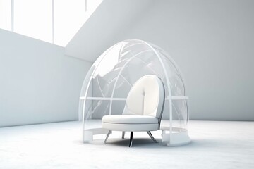 Chair under dome, white background. Covid-safe summer. 3D. Generative AI