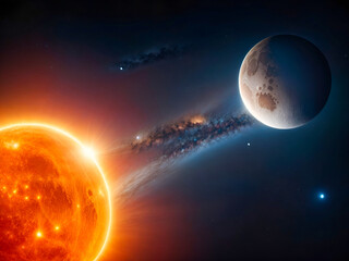 A fiery sun emits a radiant glow, juxtaposed against a serene Earth and moon in the vast expanse of...