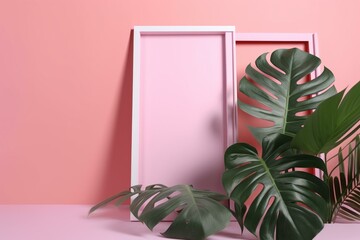 Contemporary, botanical-framed image in pink with a border of monstera plants. Ample space for text. Generative AI
