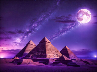 Ancient pyramids stand majestically under a starry purple night sky