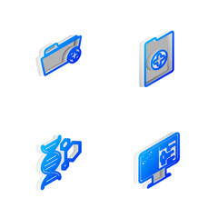 Fototapeta premium Set Isometric line Clinical record, Health folder, Genetic engineering and on monitor icon. Vector
