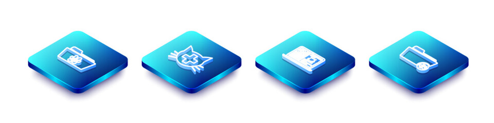Set Isometric line Medical veterinary record folder, Veterinary clinic, Clinical cat on laptop and icon. Vector