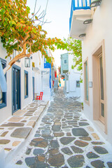 Mykonos, Greece. Wiew of whitewashed cycladic street in beautiful Mykonos town, Cyclades Greek Islands.