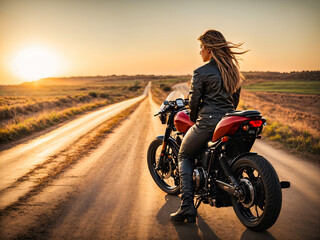A female biker takes a moment to pause and enjoy the sunset on a rustic road