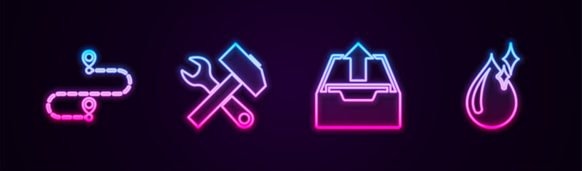 Set line Route location, Crossed hammer and wrench, Upload inbox and Clean water drop. Glowing neon icon. Vector