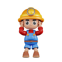 3d Character Miner Dizzy Pose. 3d render isolated on transparent backdrop.