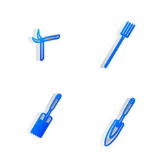 Set Isometric line Garden pitchfork, Gardening handmade scissor, and trowel spade shovel icon. Vector
