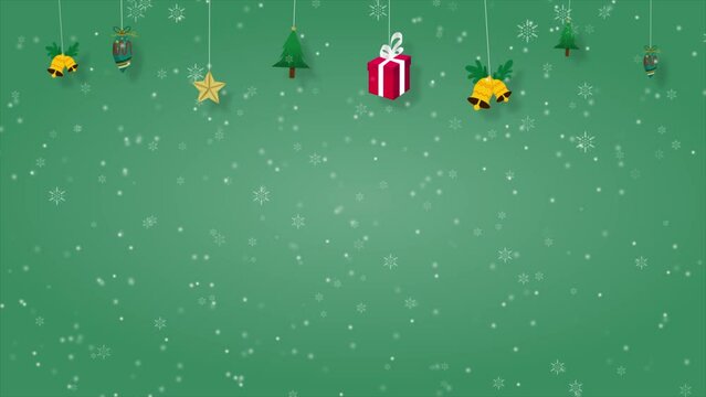 decoration of stars, christmas tree, giftbox, christmas bells and lamps with snow particle background, 4K animation