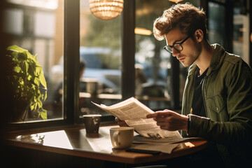 A handsome young man reading a newspaper while enjoying a cup of coffee at a cafe - cropped