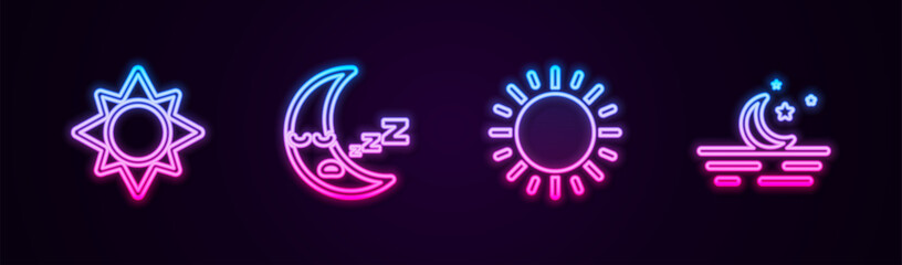 Set line Sun, Moon icon, and and stars. Glowing neon icon. Vector