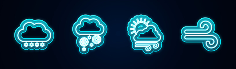 Set line Cloud with snow, , Windy weather and . Glowing neon icon. Vector