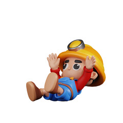 3d Character Miner Falling Pose. 3d render isolated on transparent backdrop.