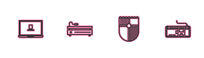 Set line Laptop, Shield for game, Video console and Computer keyboard icon. Vector
