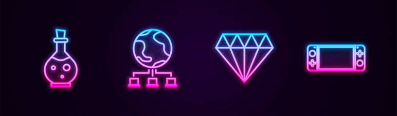 Set line Bottle with magic elixir, Computer network, Diamond and Portable video game console. Glowing neon icon. Vector