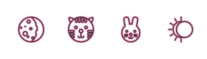 Set line Eclipse of the sun, Rabbit zodiac, Tiger and icon. Vector
