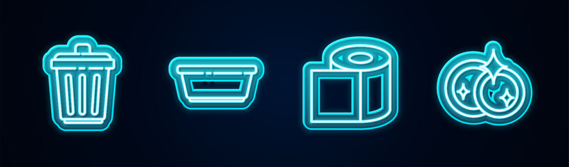 Set line Trash can, Plastic basin, Toilet paper roll and Washing dishes. Glowing neon icon. Vector