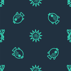 Set line Sea urchin, Puffer fish and Lobster on seamless pattern. Vector