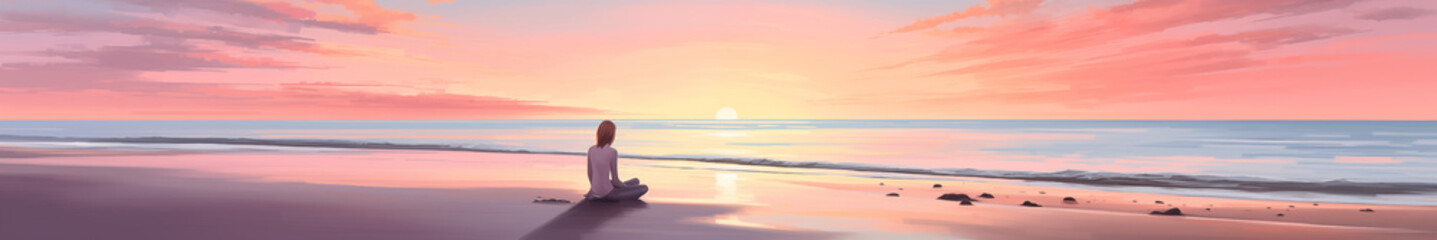 Fototapeta na wymiar Tranquil Sunset Serenity: Solitary Figure Contemplating the Horizon on a Pristine Beach