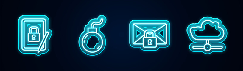 Set line Tablet with closed padlock, Bomb ready to explode, Mail message password and Network cloud connection. Glowing neon icon. Vector