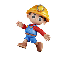 3d Character Miner Happy Jumping Pose. 3d render isolated on transparent backdrop.