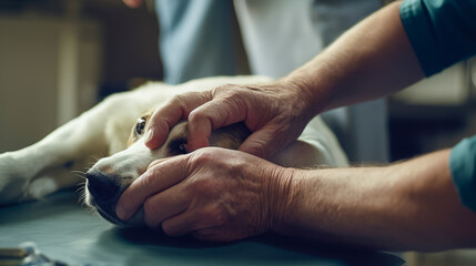 Veterinarian's hands stitching small wound on dog.