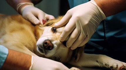 Veterinarian's hands stitching small wound on a dog.