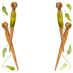 Hand drawn watercolor wooden spindle with thread and nettle green leaves for hobby, handcraft. Illustration isolated object square frame on white background. Shop logo print, website, card, booklet.