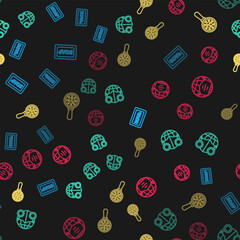 Set line Bar of soap, Earth with medical mask, Virus under magnifying glass and on seamless pattern. Vector