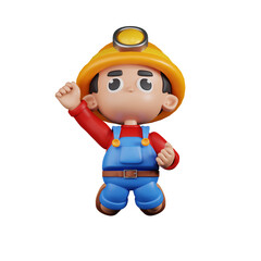 3d Character Miner Jumping In The Air Pose. 3d render isolated on transparent backdrop.