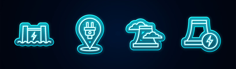 Set line Hydroelectric dam, Electric plug, Nuclear power plant and . Glowing neon icon. Vector