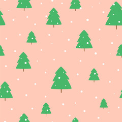 Pink Christmas tree seamless pattern. Snowy winter holiday repeat background. Vector New Year print, wrap paper, package design.