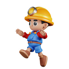 3d Character Miner Jumping Pose. 3d render isolated on transparent backdrop.