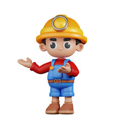 3d Character Miner Presenting Pose. 3d render isolated on transparent backdrop.
