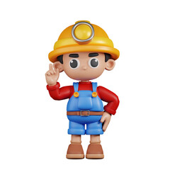 3d Character Miner Pointing Up Pose. 3d render isolated on transparent backdrop.