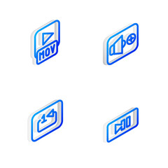 Set Isometric line Speaker volume, MOV file, Repeat track music player and Pause button icon. Vector