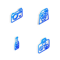 Set Isometric line Hippie girl, Photo camera, Beer bottle and Suitcase for travel icon. Vector