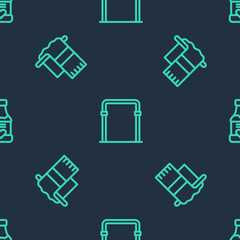 Set line Sport horizontal bar, Towel hanger and Vitamins on seamless pattern. Vector