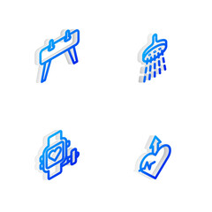 Set Isometric line Shower, Pommel horse, Smart watch with heart and Heartbeat increase icon. Vector