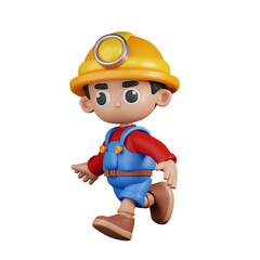 3d Character Miner Running Pose. 3d render isolated on transparent backdrop.