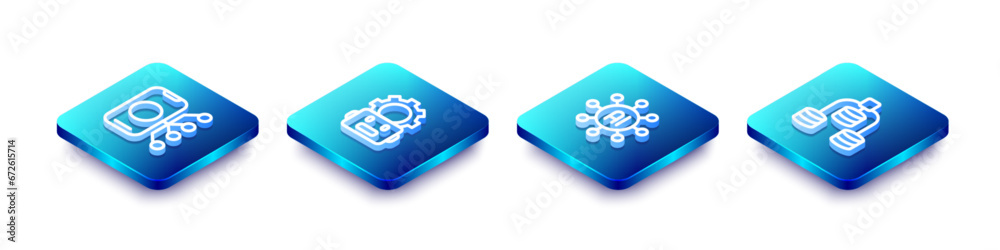 Poster set isometric line neural network, robot setting, and server, data icon. vector