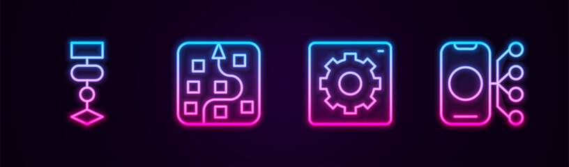 Fototapeta premium Set line Algorithm, Neural network, Computer api interface and . Glowing neon icon. Vector